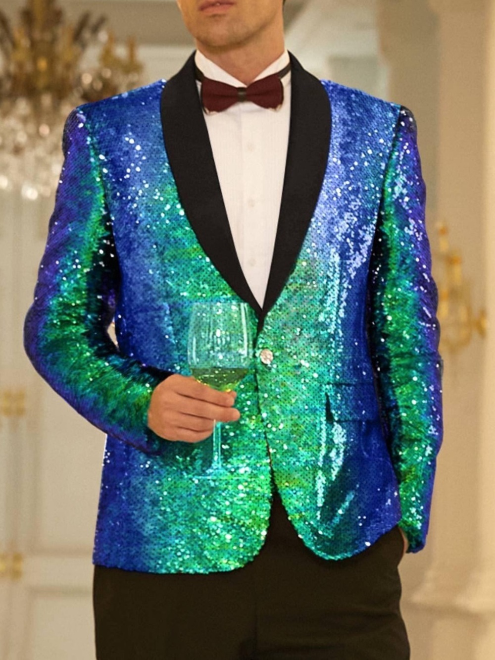 Coofandy Blue Green Shiny Radiant Sequin One Button Tuxedo Suit Blazer Jacket